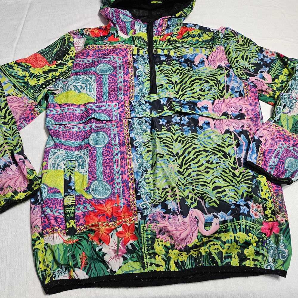 REASON Women Tropical Flamingo Zebra Jungle Print‎ Hooded Anorak Jacket Size S